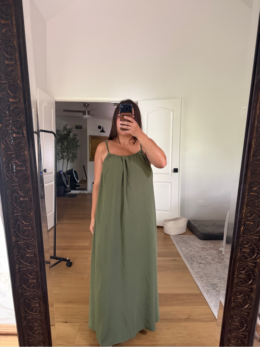 Sleeveless Halter Maxi Dress in Olive green Low Back Flowy Adjustable Womens Lg